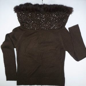 Womens Cabo Cowl Neck Fur Fringe Knit Sweater